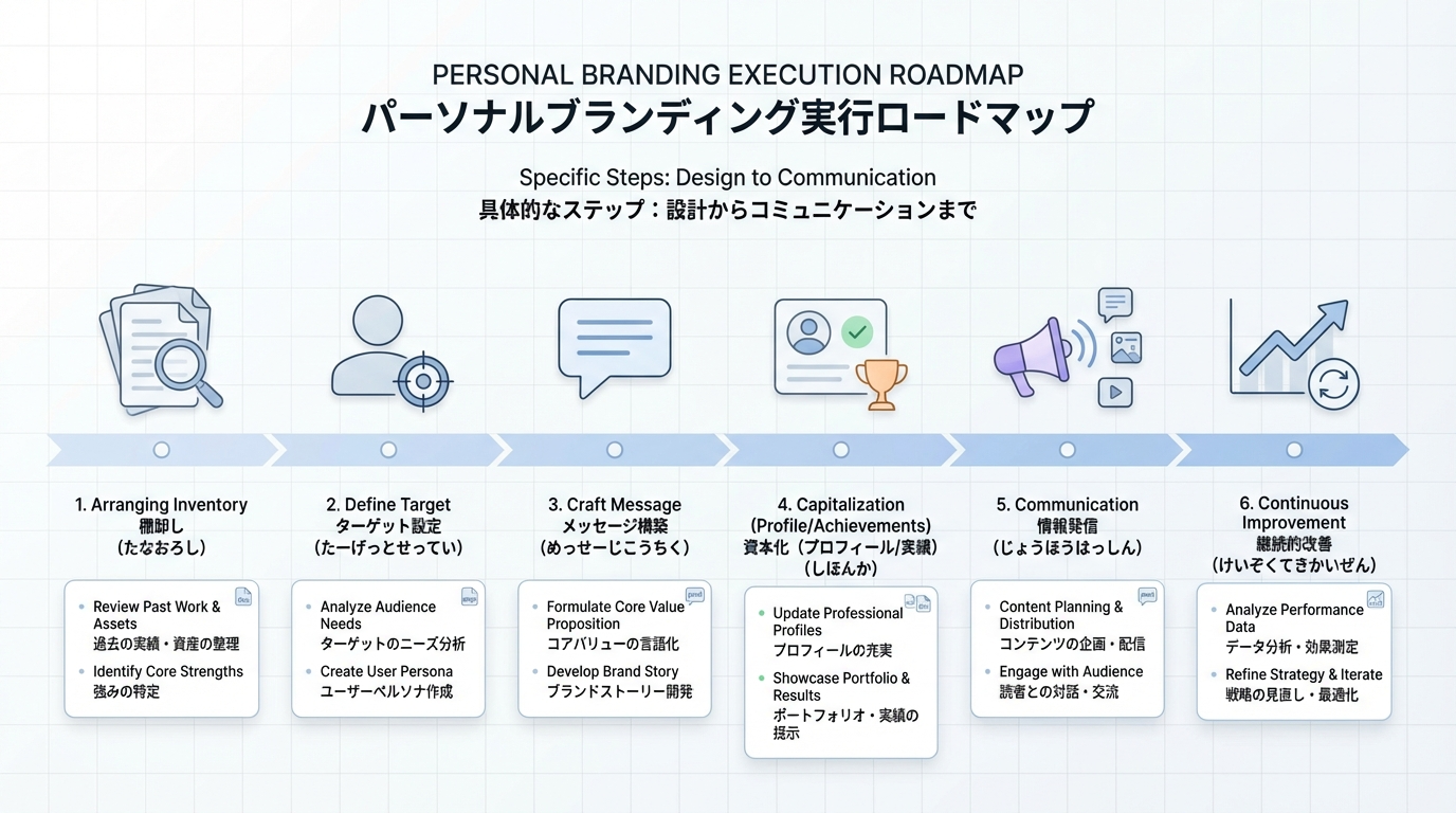 棚卸しからターゲット設定、メッセージ、資産化、発信、改善までのロードマップをタイムラインで示した図