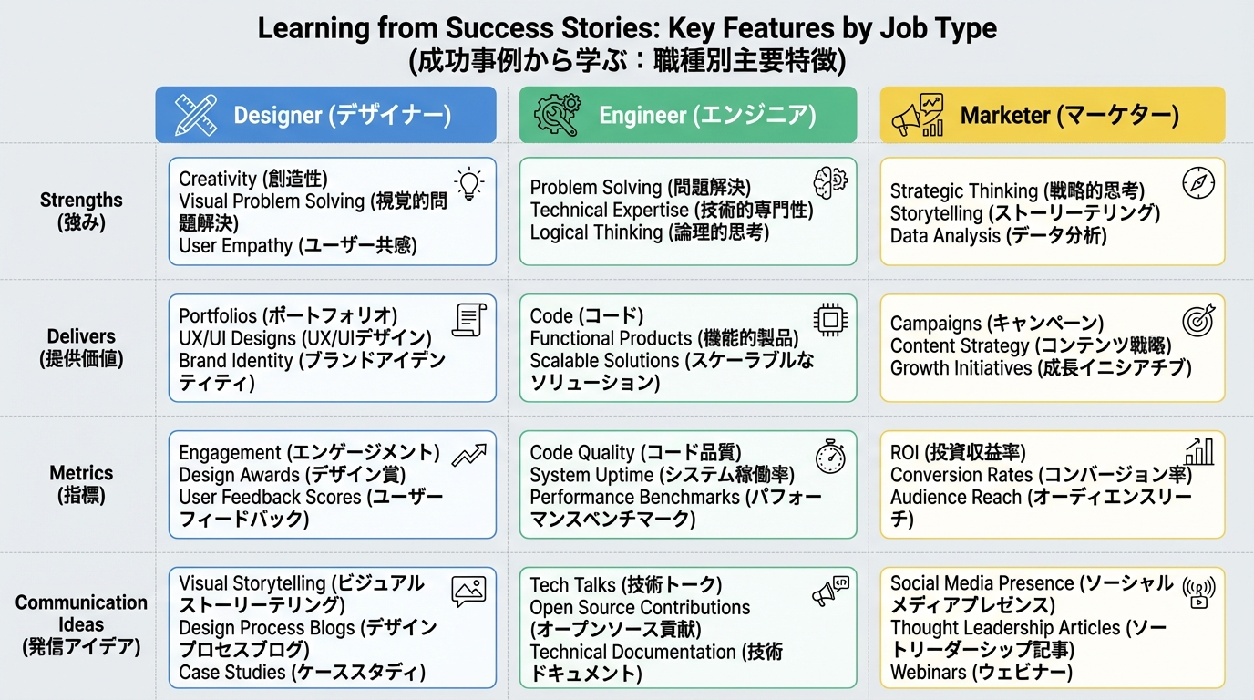 デザイナー・エンジニア・マーケターの3職種ごとに強み・成果物・指標・発信ネタを比較した表