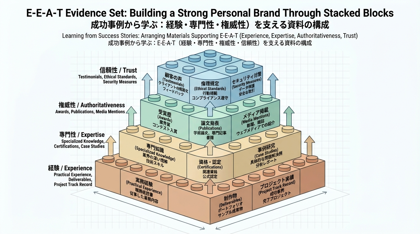 Experience・Expertise・Authoritativeness・Trustを支える証拠として事例・数値・推薦・制作物が積み木状に積み上がった図