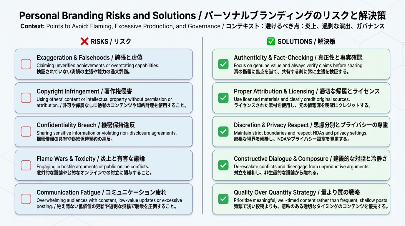 誇張・著作権・守秘義務・炎上・発信疲れなどのリスクと、それぞれの対策を2列で整理したチェックリスト図