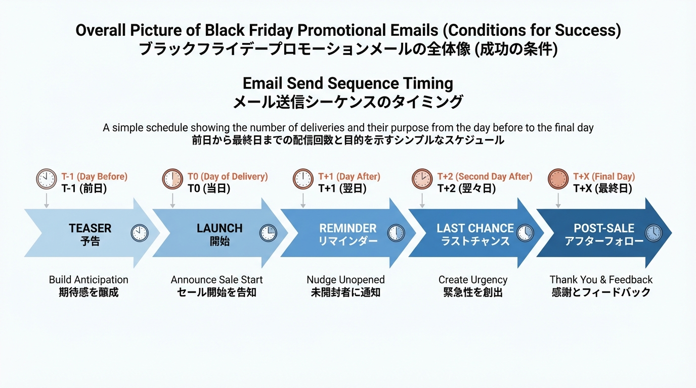 ブラックフライデー前日から当日、終了間際までの5ステップのメール配信シーケンスを時系列で示した図