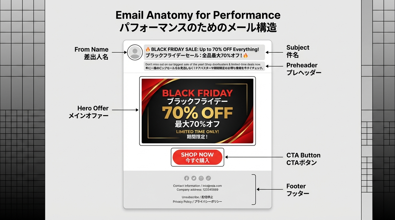 差出人名・件名・プリヘッダー・メインオファー・CTAボタンなど、成果に直結するメール構造の主要要素をラベルで示した図