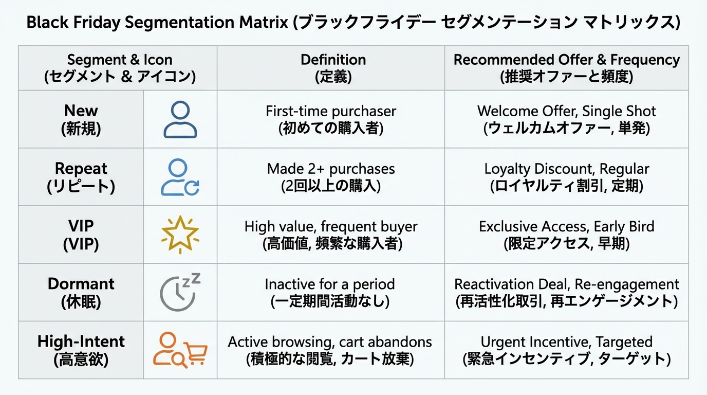 新規・既存・VIP・休眠・高関心の5セグメントと、それぞれの特徴と推奨オファー、配信頻度を整理したマトリクス表