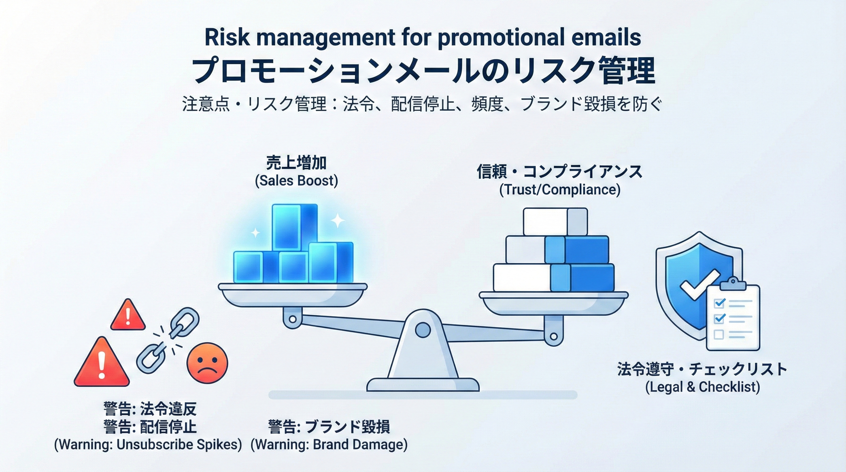 売上の最大化とブランド信頼・法令遵守のバランスをとる天秤をイメージし、注意喚起アイコンやチェックリストを組み合わせた概念図
