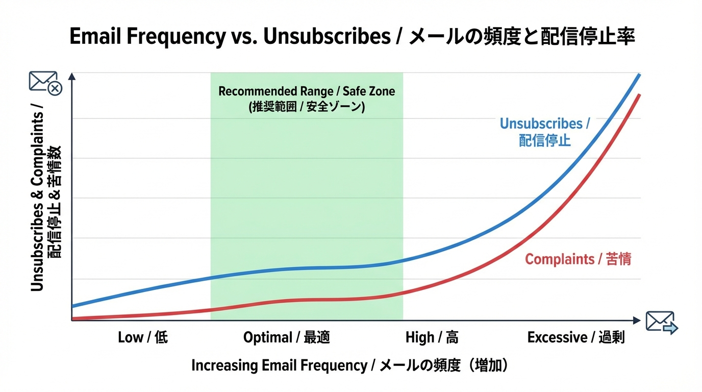 メール配信頻度が増えるほど解除率・苦情率が上昇する傾向と、推奨される安全な頻度帯を示した簡易グラフ