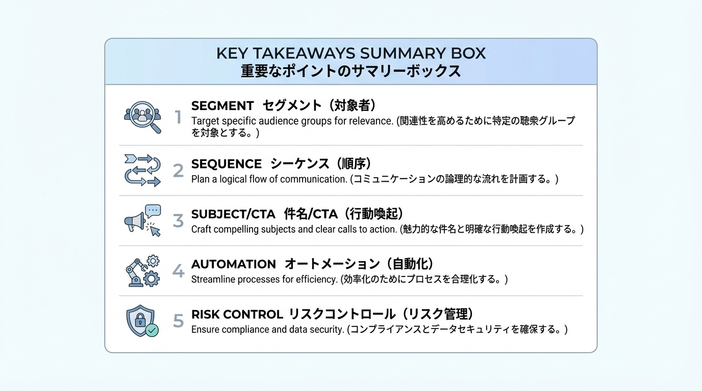 セグメント設計、シーケンス、件名とCTA、オートメーション、リスク管理の5項目を番号付きで整理した要点サマリーボックスの図
