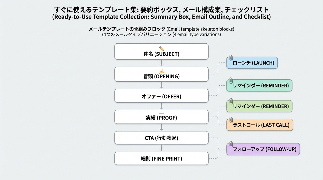 件名、導入、オファー、社会的証拠、CTA、注意書きの6つのブロックから構成されるメールテンプレートの骨組み図