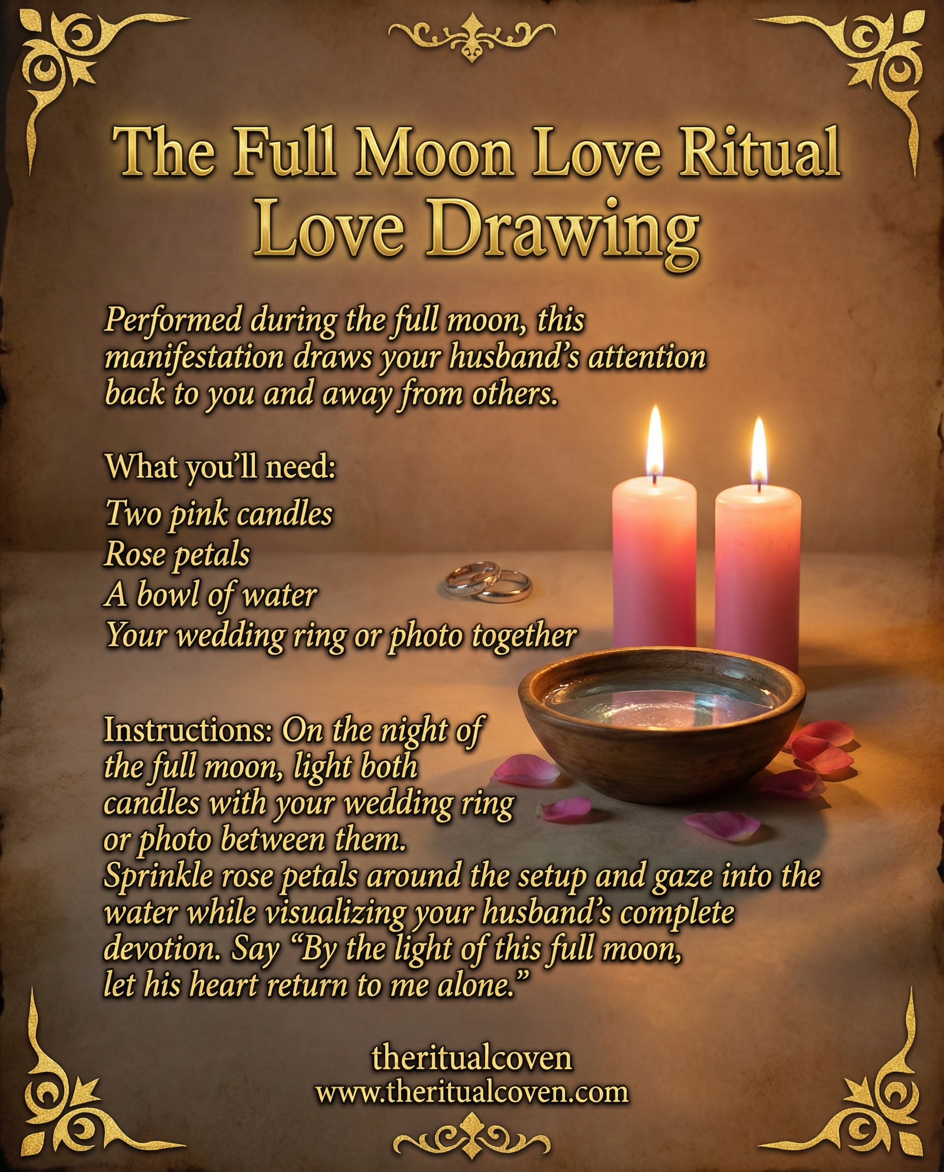 Full moon love drawing ritual with candles and romantic altar setup