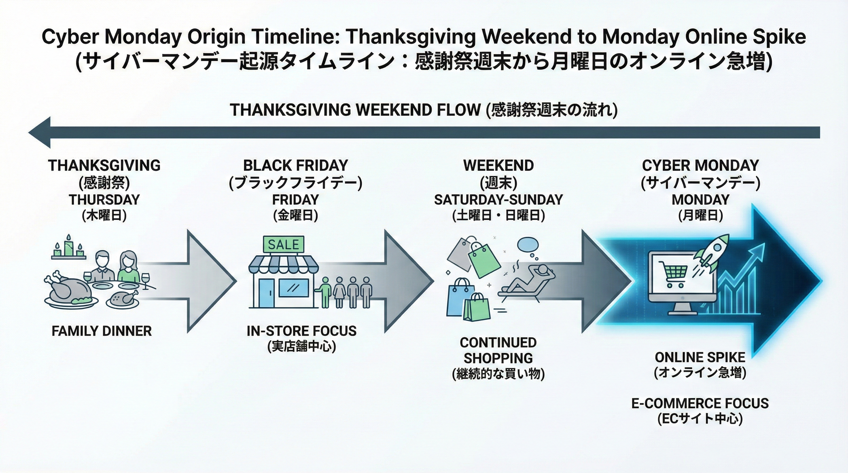 感謝祭の週末からブラックフライデー、週末、月曜日のオンラインアクセス増加までをつないだタイムライン図