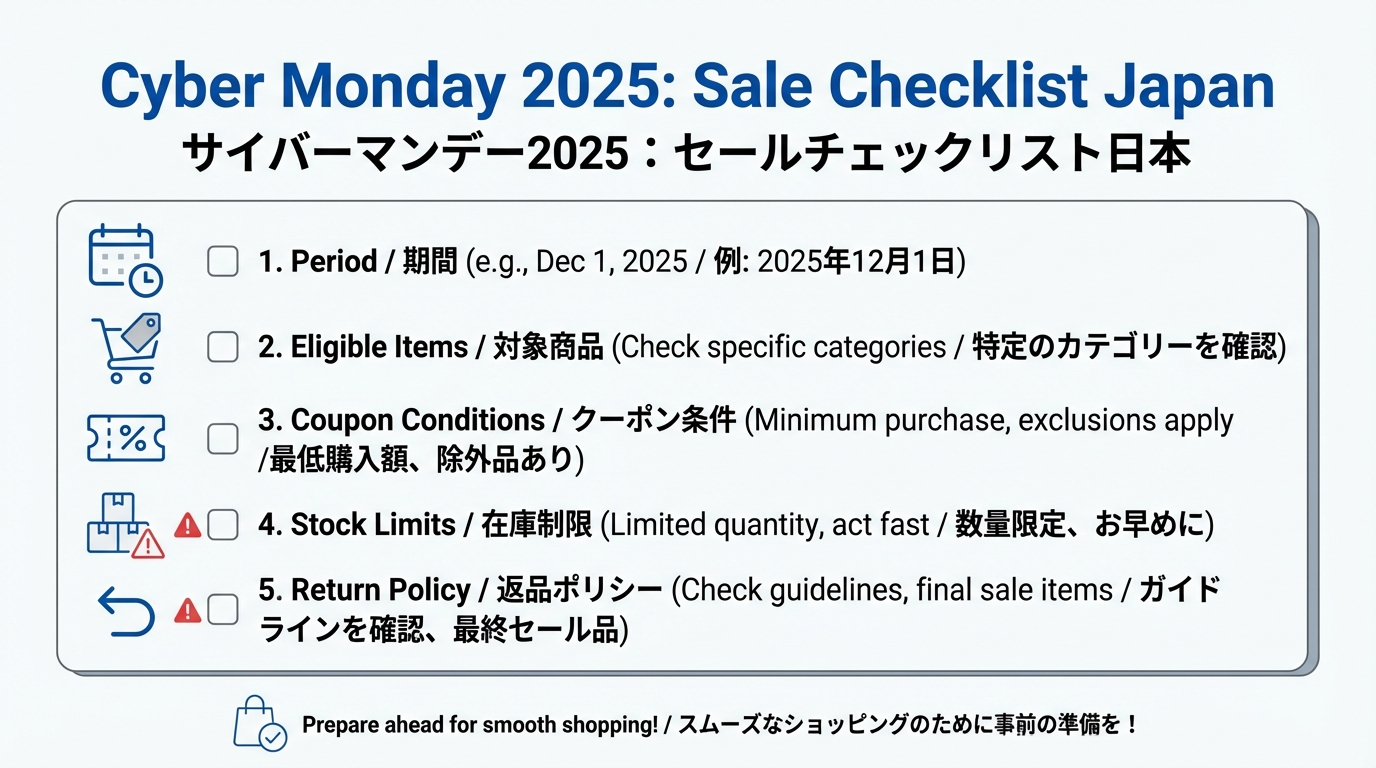 セール期間や対象商品、クーポン条件、在庫、返品ポリシーをチェック項目として並べたチェックリスト風の図