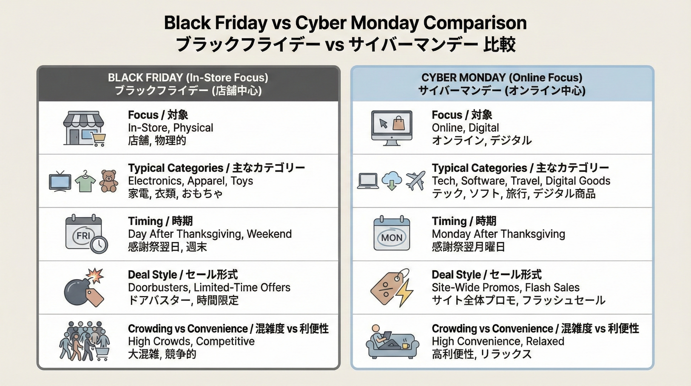 ブラックフライデーとサイバーマンデーを列にして主戦場やカテゴリ、施策の違いを比較したチャート