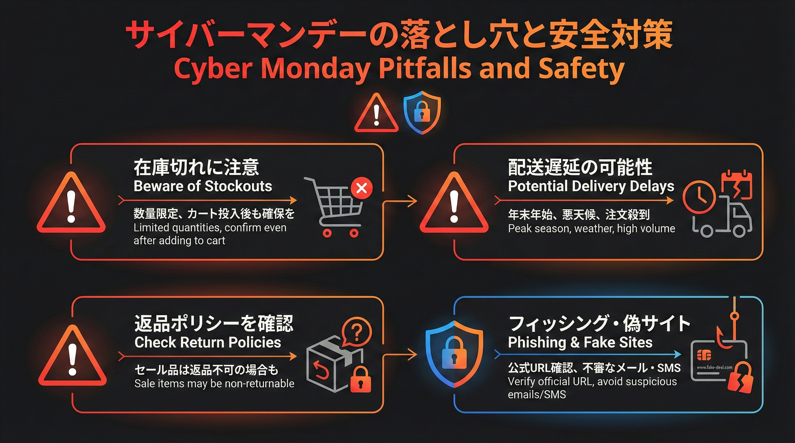 在庫切れ、配送遅延、返品条件、偽サイト対策を警告アイコン付きで並べた注意喚起の図