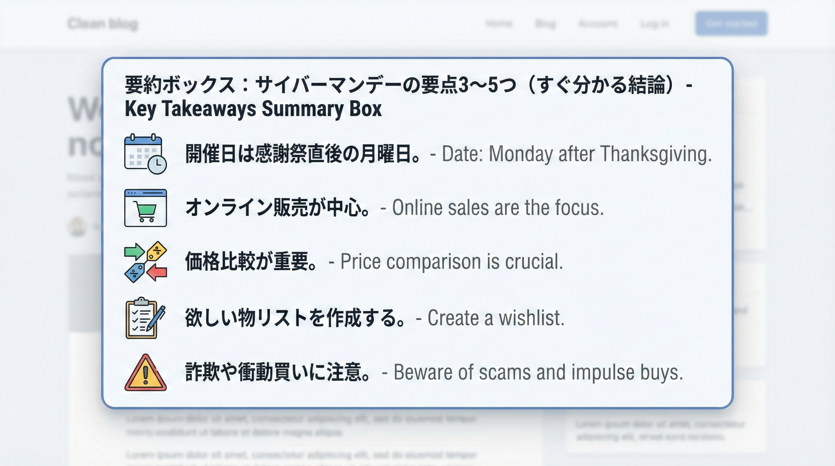 サイバーマンデーの重要なポイントを5つのアイコン付きボックスで整理したインフォグラフィック