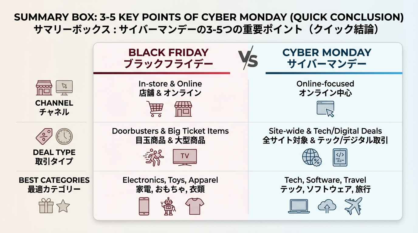 BFとCMを2列に分け、チャネル・施策・狙い目カテゴリの違いを簡潔に比較したカード