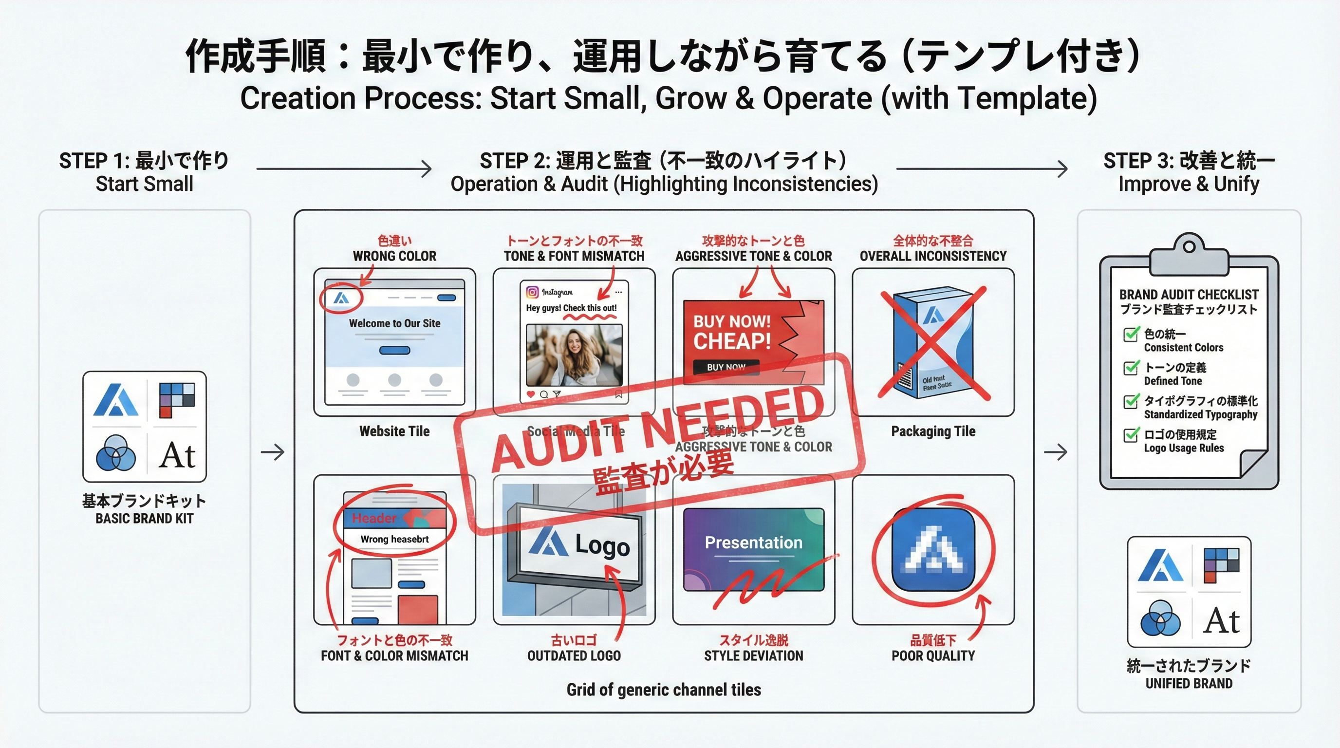 Webサイト、SNS、広告、パッケージなど複数チャネルのクリエイティブがグリッド状に並び、色やフォントの不一致箇所がハイライトされている監査イメージ