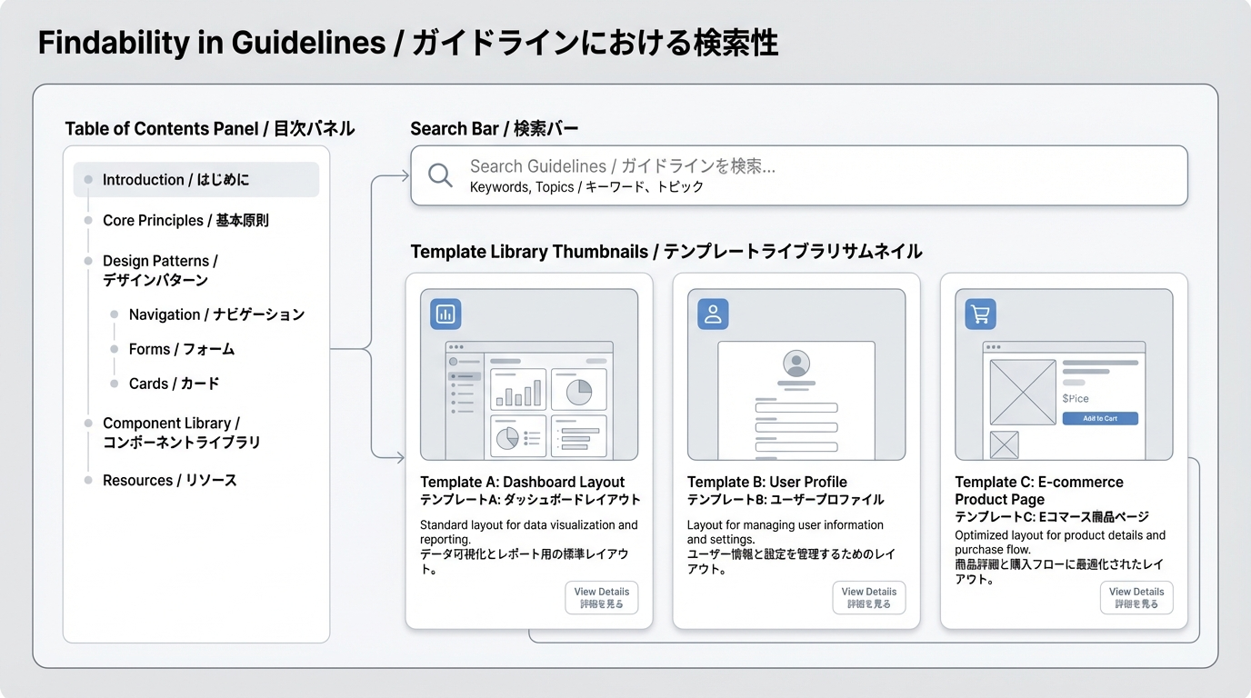 ブランドガイドラインのUIとして目次パネル、検索バー、テンプレート集のカードが並んだインターフェース風の概念図