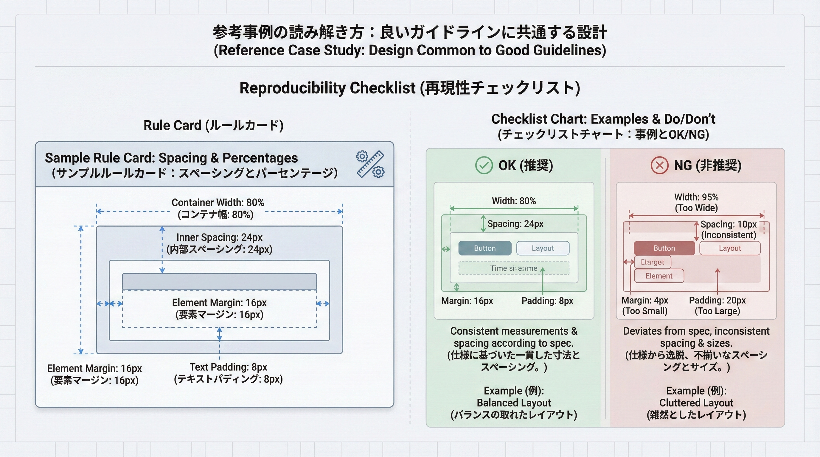 色比率のパーセンテージやピクセル単位の余白指定など具体値が書かれたルールカードと、OKとNGのビジュアル例を並べた再現性チェック用のインフォグラフィック