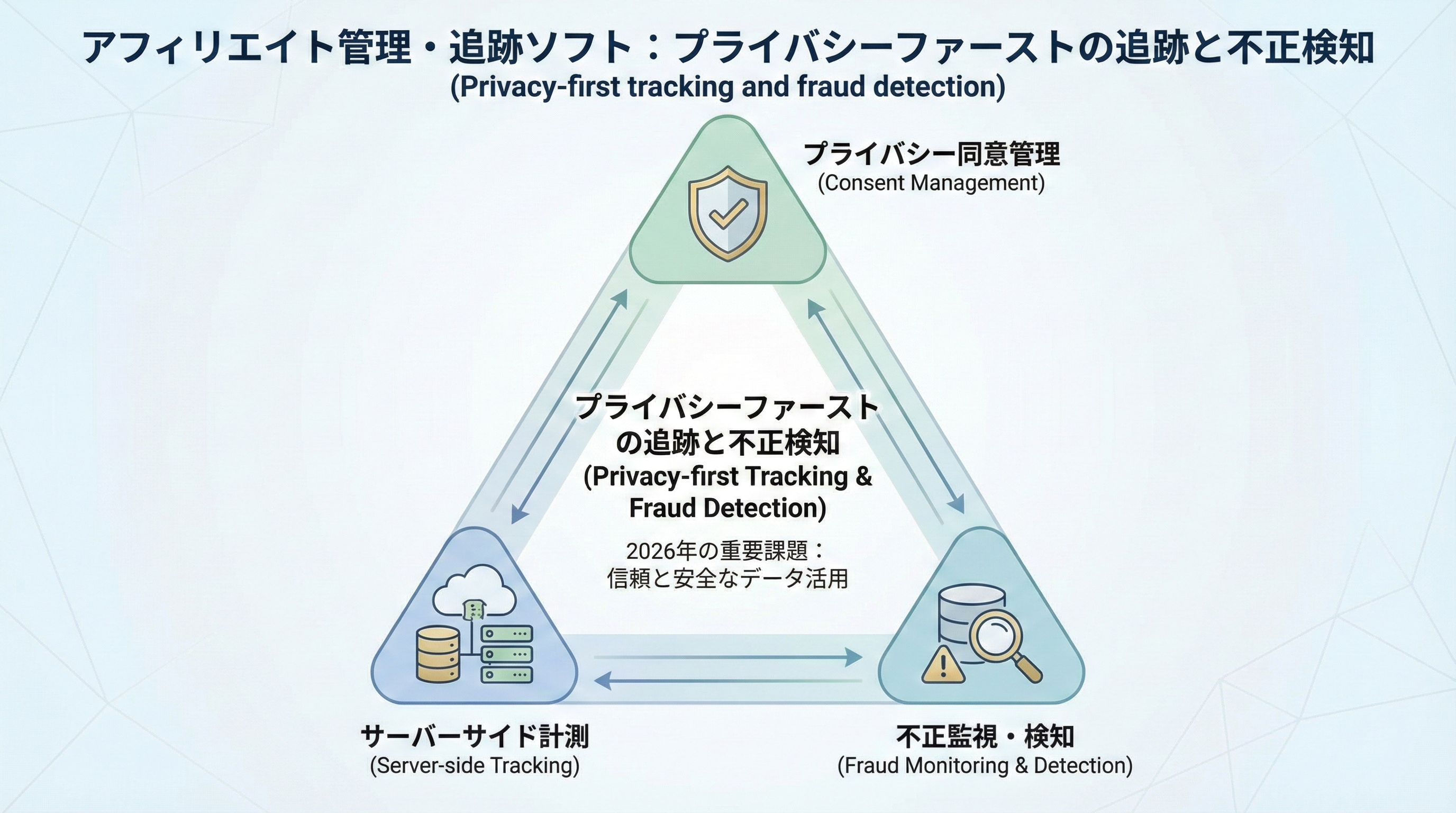 プライバシー同意管理、計測方式、AIによる不正検知の3要素を三角形で結び、相互の関係を示した概念図