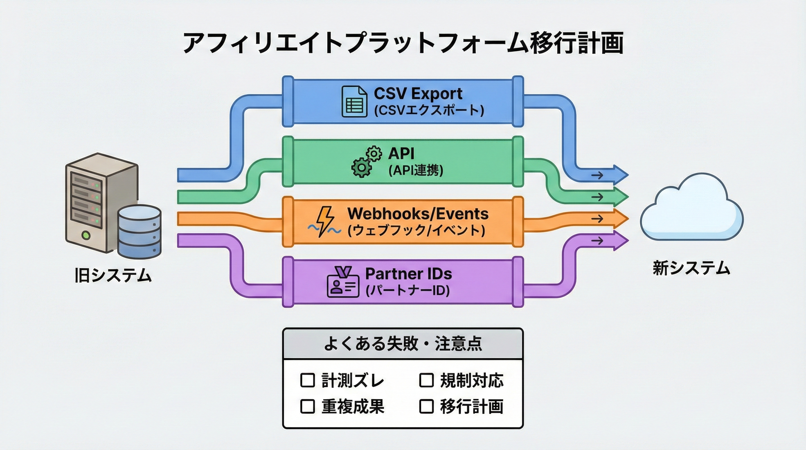 旧アフィリエイトツールから新ツールへ、CSV、API、Webhookイベント、パートナーIDなどをパイプラインで移行する様子を表した図