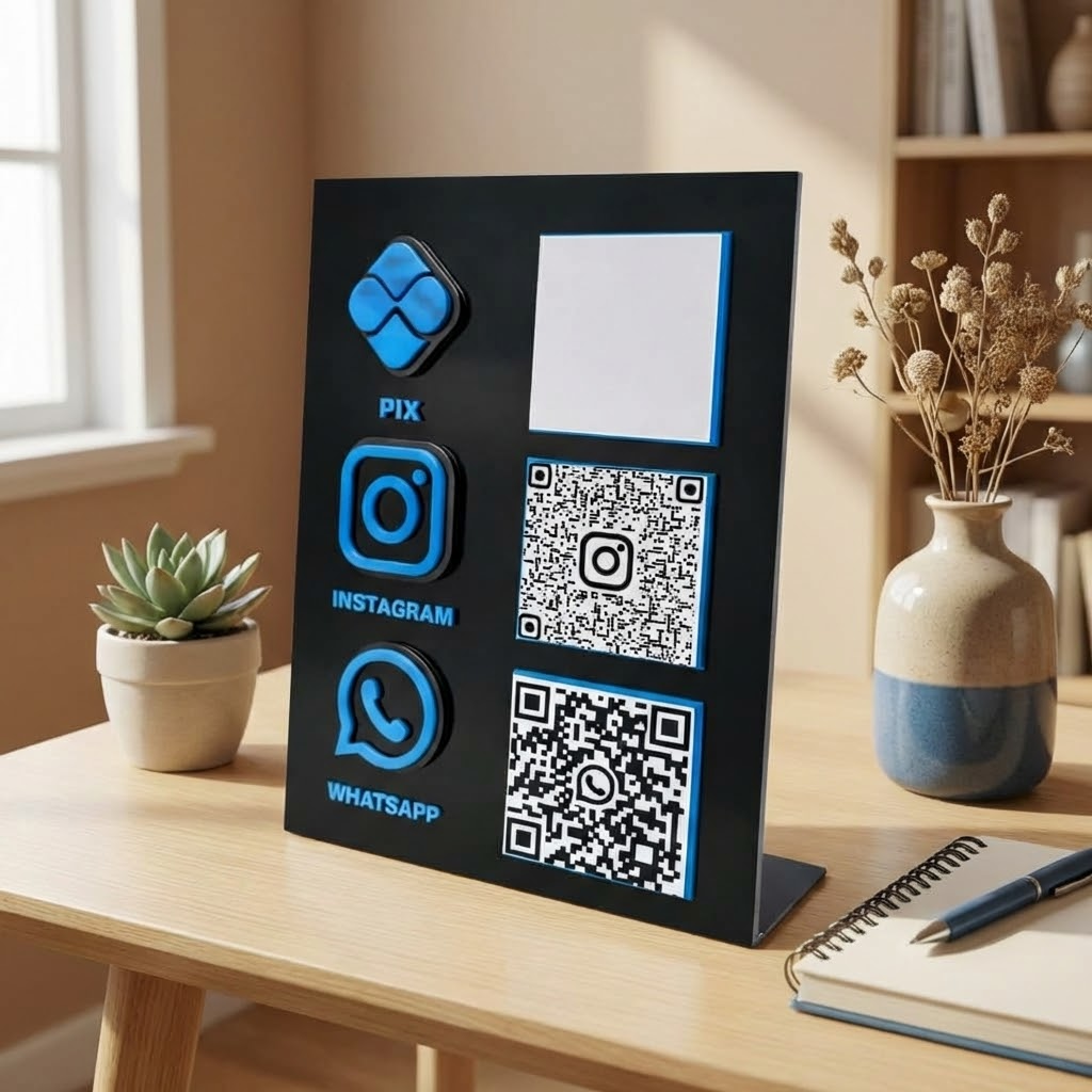 Voce e um fotografo profissional de e-commerce para Brasil. Use a imagem de referencia APENAS como referencia do PRODUTO (forma, proporcoes, textura, cores e acabamento). Nao copie o fundo/cenario da imagem de referencia. Preserve o produto fielmente. Nao redesenhe nem reinterprete o produto. Nao adicione nem remova partes do produto. Nao crie selos, badges, etiquetas ou elementos extras. Foto quadrada 1200x1200, ultra-realista, nitida, com iluminacao profissional e sombra natural. UMA FOTO UNICA, sem colagem, sem mosaico, sem multiplos quadros. Nao desenhe caixas de texto, banners ou placeholders; o texto sera aplicado depois. Sem pessoas, sem maos, sem textos gerados, sem marcas dagua, sem itens extras. Categoria: Decoração. Paleta: preto e azul. Estilo do nicho: placa, mesa, QR. Ambiente realista com produto em uso, SEM FUNDO BRANCO, luz natural suave e elementos cotidianos ao redor. Uso previsto: uso diario com praticidade. Paleta próxima a preto e azul. Inclua referências visuais a placa, mesa, QR. Nicho: Casa/Decoracao. Ambiente aconchegante e elegante, foco em decoracao. Props do nicho: madeira clara, plantas discretas, linhas minimalistas. Shots recomendados: hero s