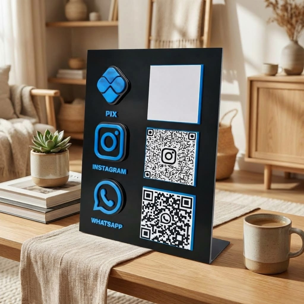 Voce e um fotografo profissional de e-commerce para Brasil. Use a imagem de referencia APENAS como referencia do PRODUTO (forma, proporcoes, textura, cores e acabamento). Nao copie o fundo/cenario da imagem de referencia. Preserve o produto fielmente. Nao redesenhe nem reinterprete o produto. Nao adicione nem remova partes do produto. Nao crie selos, badges, etiquetas ou elementos extras. Foto quadrada 1200x1200, ultra-realista, nitida, com iluminacao profissional e sombra natural. UMA FOTO UNICA, sem colagem, sem mosaico, sem multiplos quadros. Nao desenhe caixas de texto, banners ou placeholders; o texto sera aplicado depois. Pessoas permitidas apenas para demonstrar uso do produto; sem rosto em destaque. Sem textos gerados, sem marcas dagua, sem itens extras. Categoria: Decoração. Paleta: preto e azul. Estilo do nicho: placa, mesa, QR. Ambiente realista com produto em uso, SEM FUNDO BRANCO, luz natural suave e elementos cotidianos ao redor. Uso previsto: uso diario com praticidade. Paleta próxima a preto e azul. Inclua referências visuais a placa, mesa, QR. Nicho: Casa/Decoracao. Ambiente aconchegante e elegante, foco em decoracao. Props do nicho: madeira clara, plantas d