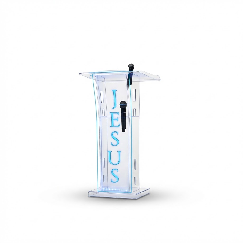 Voce e um fotografo profissional de e-commerce para Brasil. Use a imagem de referencia APENAS como referencia do PRODUTO (forma, proporcoes, textura, cores e acabamento). Nao copie o fundo/cenario da imagem de referencia. Preserve o produto fielmente. Nao redesenhe nem reinterprete o produto. Nao adicione nem remova partes do produto. Nao crie selos, badges, etiquetas ou elementos extras. Foto quadrada 1200x1200, ultra-realista, nitida, com iluminacao profissional e sombra natural. UMA FOTO UNICA, sem colagem, sem mosaico, sem multiplos quadros. Nao desenhe caixas de texto, banners ou placeholders; o texto sera aplicado depois. Sem pessoas, sem maos, sem textos gerados, sem marcas dagua, sem itens extras. Categoria: Móveis. : DESIGNCRIL. Material: acrílico. Paleta: transparente. Estilo do nicho: púlpito, acrílico, Móveis. Fundo branco puro #FFFFFF, iluminação neutra e foco técnico no produto sem elementos extras. Uso previsto: iluminacao e decoracao. Paleta próxima a transparente. Inclua referências visuais a púlpito, acrílico, Móveis. Nicho: Casa/Decoracao. Ambiente aconchegante e elegante, foco em decoracao. Evitar: sem excesso de objetos, sem bagunca visual. Fundo b