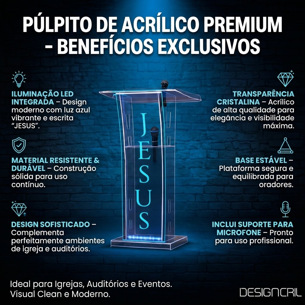 PROMPT MASTER - Infográfico de Benefícios profissional 1200x1200 para e-commerce.
Use a IMAGEM DO PRODUTO anexada como referência principal. OBJETIVO: Infográfico quadrado 1200x1200, estilo "BENEFÍCIOS DO PRODUTO", visual profissional, moderno, clean e premium, legível no celular. Pronto para uso em marketplace (, Mercado Livre, etc.). ADAPTAR AO PRODUTO (obrigatório):
- Adaptar layout e textos aos dados reais do produto (DADOS_STEP).
- Fidelidade ao produto: manter exatamente cor, formato, textura, proporções e detalhes da imagem de referência.
- Produto em destaque no centro, recorte limpo, sombra suave realista. Não inventar partes, não distorcer, não cortar.
- Benefícios exibidos devem vir dos DADOS_STEP: Nome, Categoria, Diferenciais e Benefícios listados. Se faltar informação, usar benefícios genéricos e seguros baseados na categoria e na imagem. NUNCA inventar números, materiais, certificações, garantias ou promessas técnicas. DADOS_STEP (use e adapte os textos a partir destes dados):
Nome: púlpito de acrílico
Categoria: Móveis
Nicho: Casa/Decoracao
Cor: transparente
Material: acrílico
Publico-alvo: uso geral
Palavras-chave: púlpito, acrílico, Móveis
Diferenciais: d