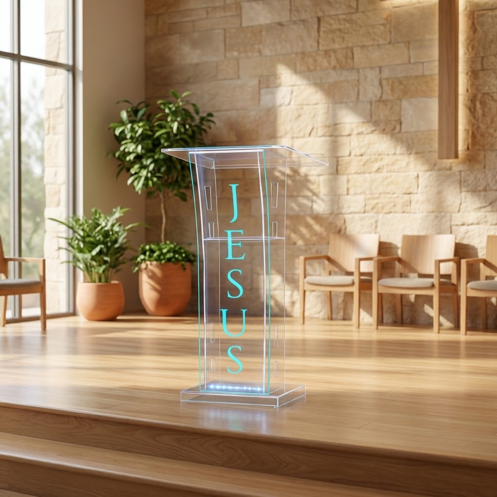 Voce e um fotografo profissional de e-commerce para Brasil. Use a imagem de referencia APENAS como referencia do PRODUTO (forma, proporcoes, textura, cores e acabamento). Nao copie o fundo/cenario da imagem de referencia. Preserve o produto fielmente. Nao redesenhe nem reinterprete o produto. Nao adicione nem remova partes do produto. Nao crie selos, badges, etiquetas ou elementos extras. Foto quadrada 1200x1200, ultra-realista, nitida, com iluminacao profissional e sombra natural. UMA FOTO UNICA, sem colagem, sem mosaico, sem multiplos quadros. Nao desenhe caixas de texto, banners ou placeholders; o texto sera aplicado depois. Sem pessoas, sem maos, sem textos gerados, sem marcas dagua, sem itens extras. Categoria: Móveis. : DESIGNCRIL. Material: acrílico. Paleta: transparente. Estilo do nicho: púlpito, acrílico, Móveis. Ambiente realista com produto em uso, SEM FUNDO BRANCO, luz natural suave e elementos cotidianos ao redor. Uso previsto: iluminacao e decoracao. Paleta próxima a transparente. Inclua referências visuais a púlpito, acrílico, Móveis. Nicho: Casa/Decoracao. Ambiente aconchegante e elegante, foco em decoracao. Props do nicho: madeira clara, plantas discre