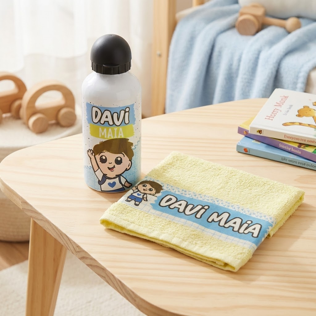 Voce e um fotografo profissional de e-commerce para Brasil. Use a imagem de referencia APENAS como referencia do PRODUTO (forma, proporcoes, textura, cores e acabamento). Nao copie o fundo/cenario da imagem de referencia. Preserve o produto fielmente. Nao redesenhe nem reinterprete o produto. Nao adicione nem remova partes do produto. Nao crie selos, badges, etiquetas ou elementos extras. Foto quadrada 1200x1200, ultra-realista, nitida, com iluminacao profissional e sombra natural. UMA FOTO UNICA, sem colagem, sem mosaico, sem multiplos quadros. Nao desenhe caixas de texto, banners ou placeholders; o texto sera aplicado depois. Sem pessoas, sem maos, sem textos gerados, sem marcas dagua, sem itens extras. Categoria: Infantil. Paleta: amarelo e azul. Estilo do nicho: garrafa, infantil, toalha. Ambiente realista com produto em uso, SEM FUNDO BRANCO, luz natural suave e elementos cotidianos ao redor. Uso previsto: uso diario com praticidade. Paleta próxima a amarelo e azul. Inclua referências visuais a garrafa, infantil, toalha. Nicho: Infantil/Bebe. Visual leve e amigavel, cores suaves e aspecto seguro. Props do nicho: tons pastel, superficie limpa, elementos infantis discret