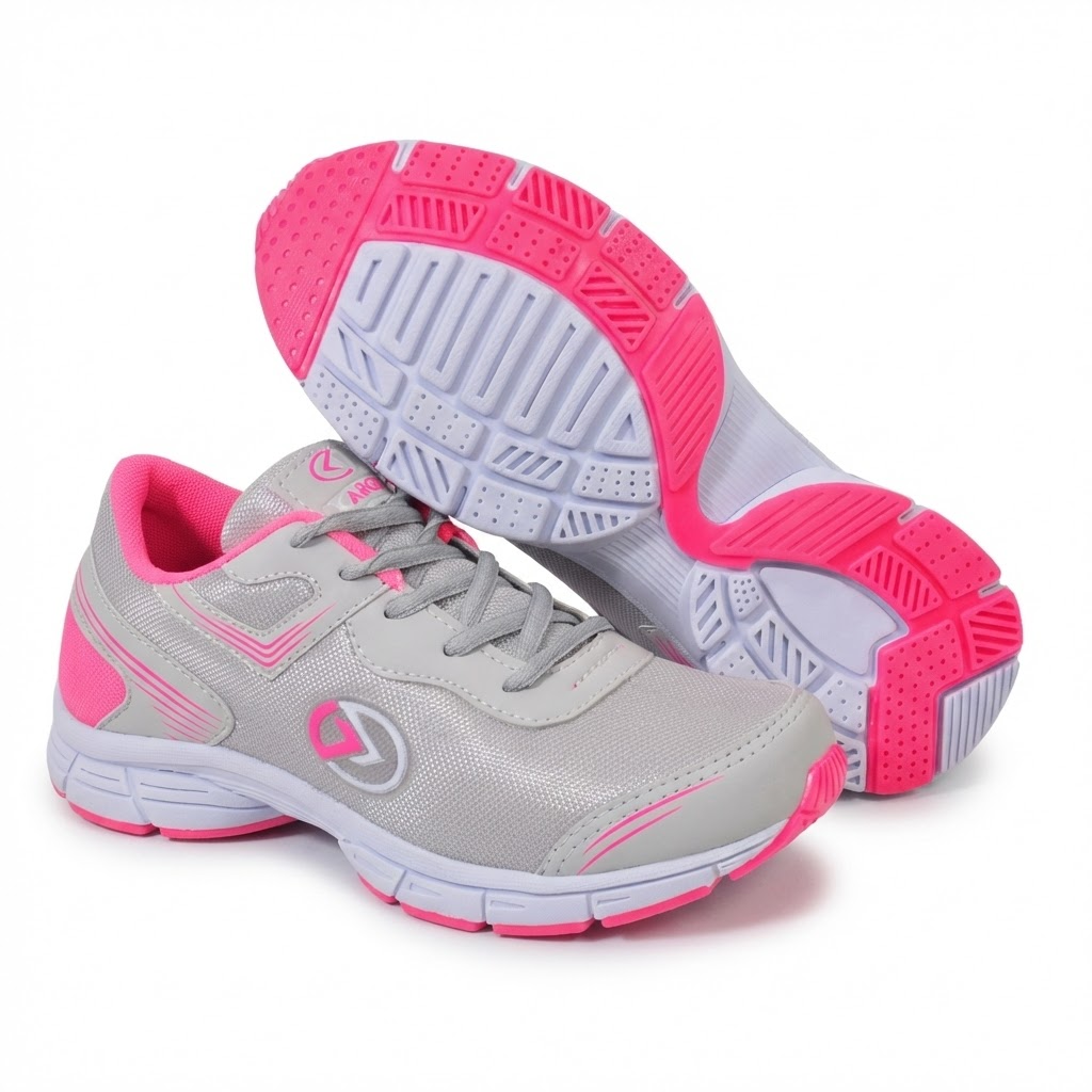 Voce e um fotografo profissional de e-commerce para Brasil. Use a imagem de referencia APENAS como referencia do PRODUTO (forma, proporcoes, textura, cores e acabamento). Nao copie o fundo/cenario da imagem de referencia. Preserve o produto fielmente. Nao redesenhe nem reinterprete o produto. Nao adicione nem remova partes do produto. Nao crie selos, badges, etiquetas ou elementos extras. Foto quadrada 1200x1200, ultra-realista, nitida, com iluminacao profissional e sombra natural. UMA FOTO UNICA, sem colagem, sem mosaico, sem multiplos quadros. Nao desenhe caixas de texto, banners ou placeholders; o texto sera aplicado depois. Sem pessoas, sem maos, sem textos gerados, sem marcas dagua, sem itens extras. Categoria: Calçados. Paleta: cinza e rosa. Estilo do nicho: tênis, esportivo, Feminino. Fundo branco puro #FFFFFF, iluminação neutra e foco técnico no produto sem elementos extras. Uso previsto: uso diario com praticidade. Paleta próxima a cinza e rosa. Inclua referências visuais a tênis, esportivo, Feminino. Nicho: Fitness/Suplementos. Energia, performance e rotina ativa com visual limpo. Evitar: sem claims de saude, sem corpos em destaque. Fundo branco puro #FFFFFF, padr