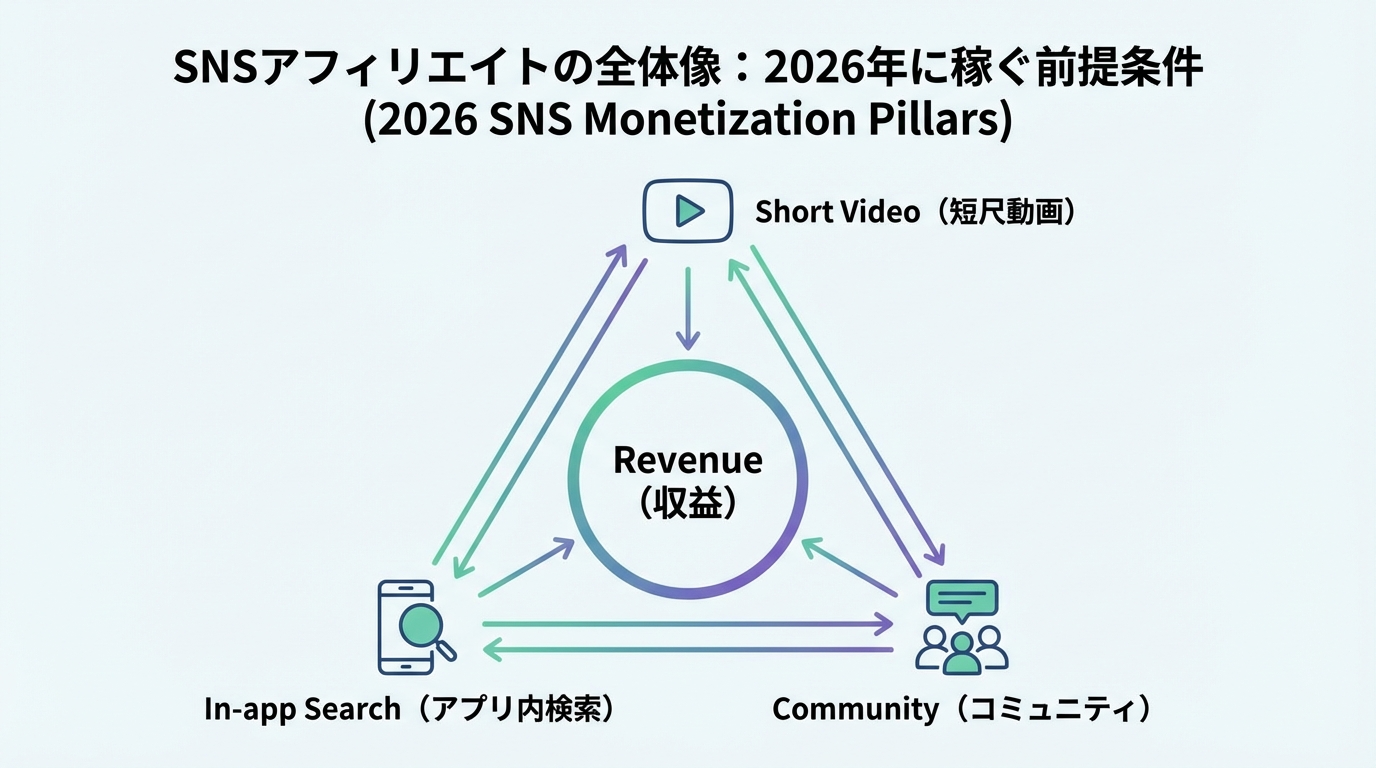 Short Video、検索、Communityの3要素を三角形の各頂点に配置し中央に収益を置いた関係図