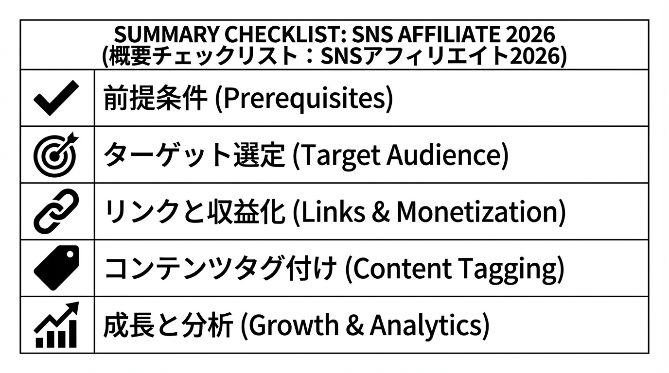 ジャンル、ターゲット、リンク、タグ、グラフなど要約チェックリストを表す5つのモノクロアイコンセット
