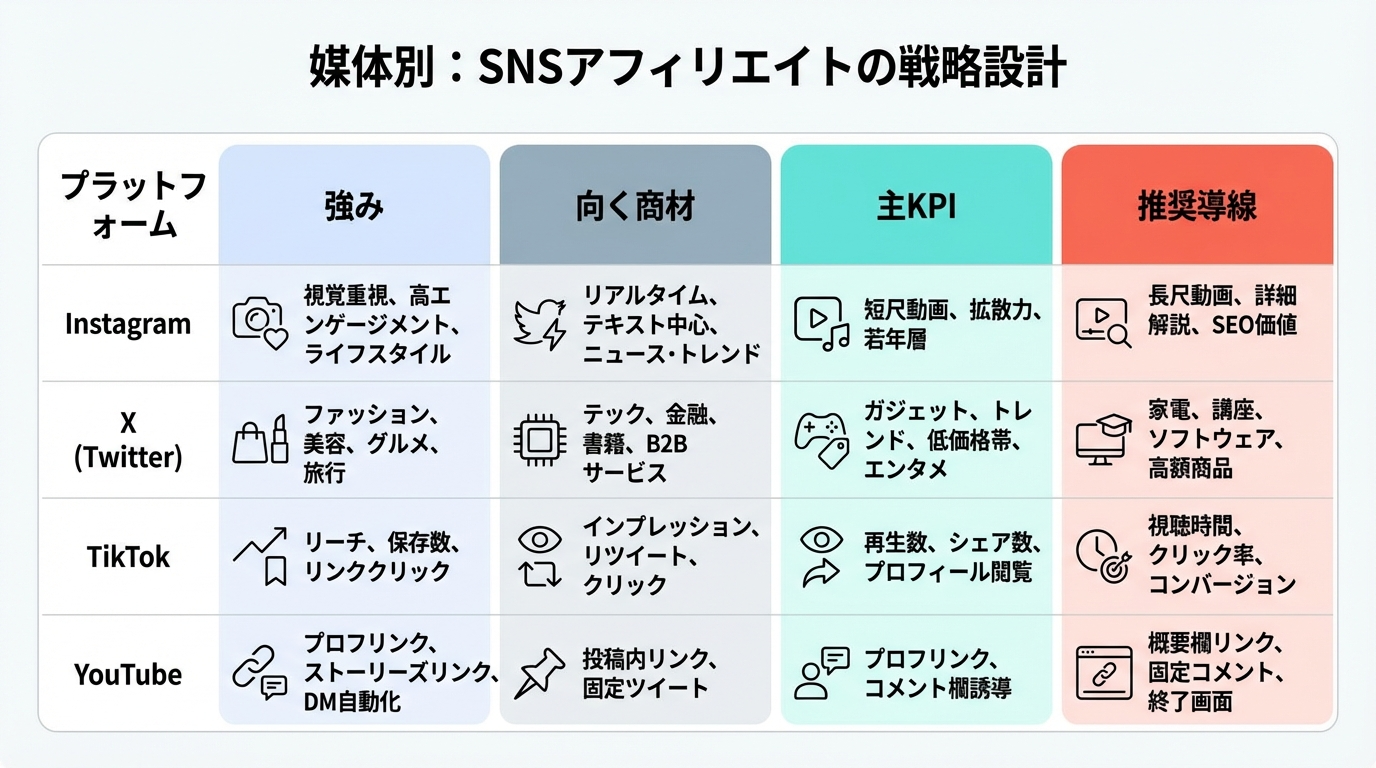 Instagram、X、TikTok、YouTubeを4列で比較し、強みと向く商材、主KPI、推奨導線をまとめた比較チャート