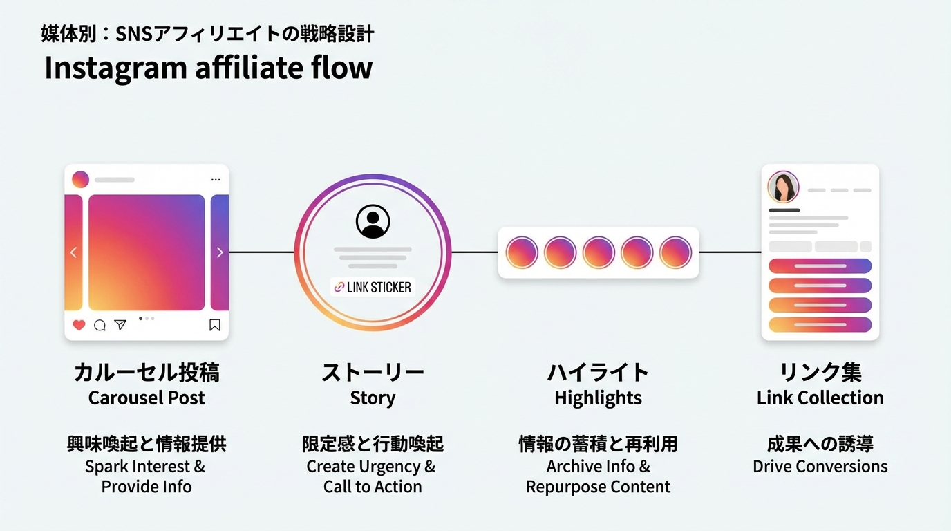 Instagramでカルーセル投稿が保存され、ストーリーとハイライトを経由してリンク集へ誘導する導線フロー図