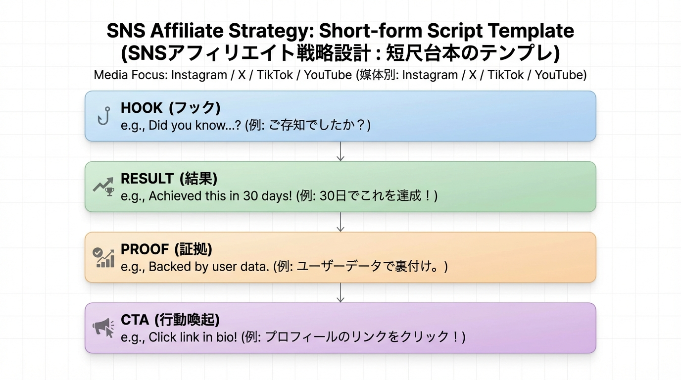 Hook、Result、Proof、CTAの4ブロックに分けて短尺動画の台本テンプレートを示した図
