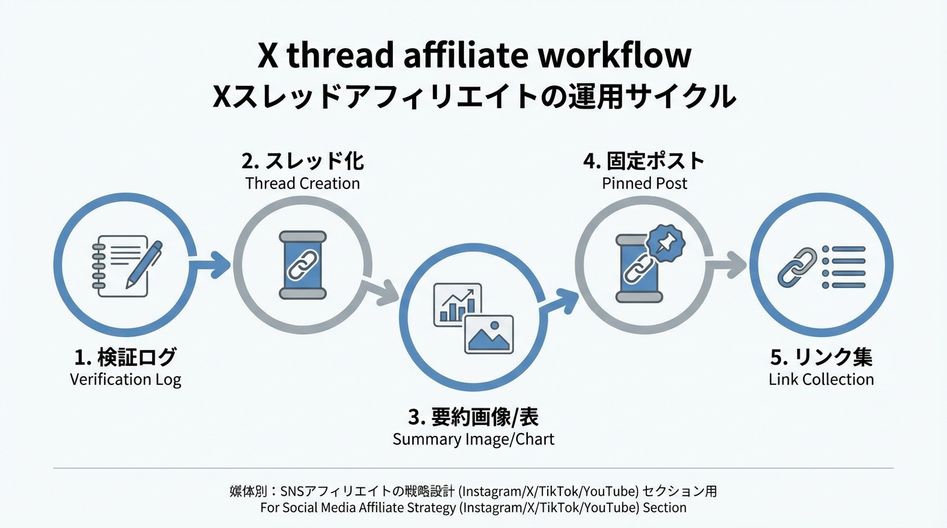 検証メモからスレッド化し要約を固定ポストとリンク集に繋げる5ステップを示したワークフロー図
