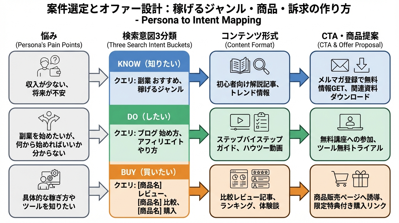 左に悩み、中央に３種類の検索意図、右にコンテンツ形式とCTAを配置したマッピング図
