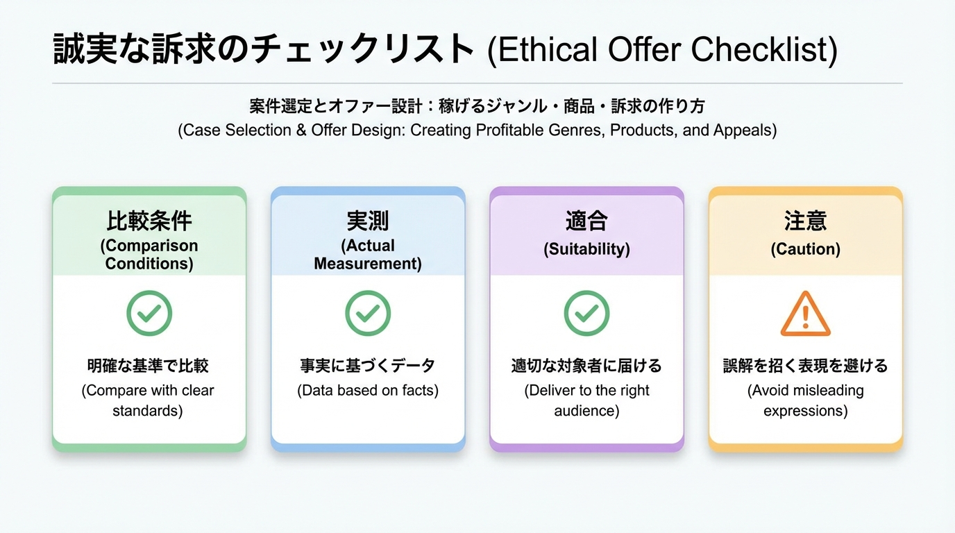条件、実測、適合、注意点の4要素を含んだ誠実なオファーチェックリストのカード型インフォグラフィック