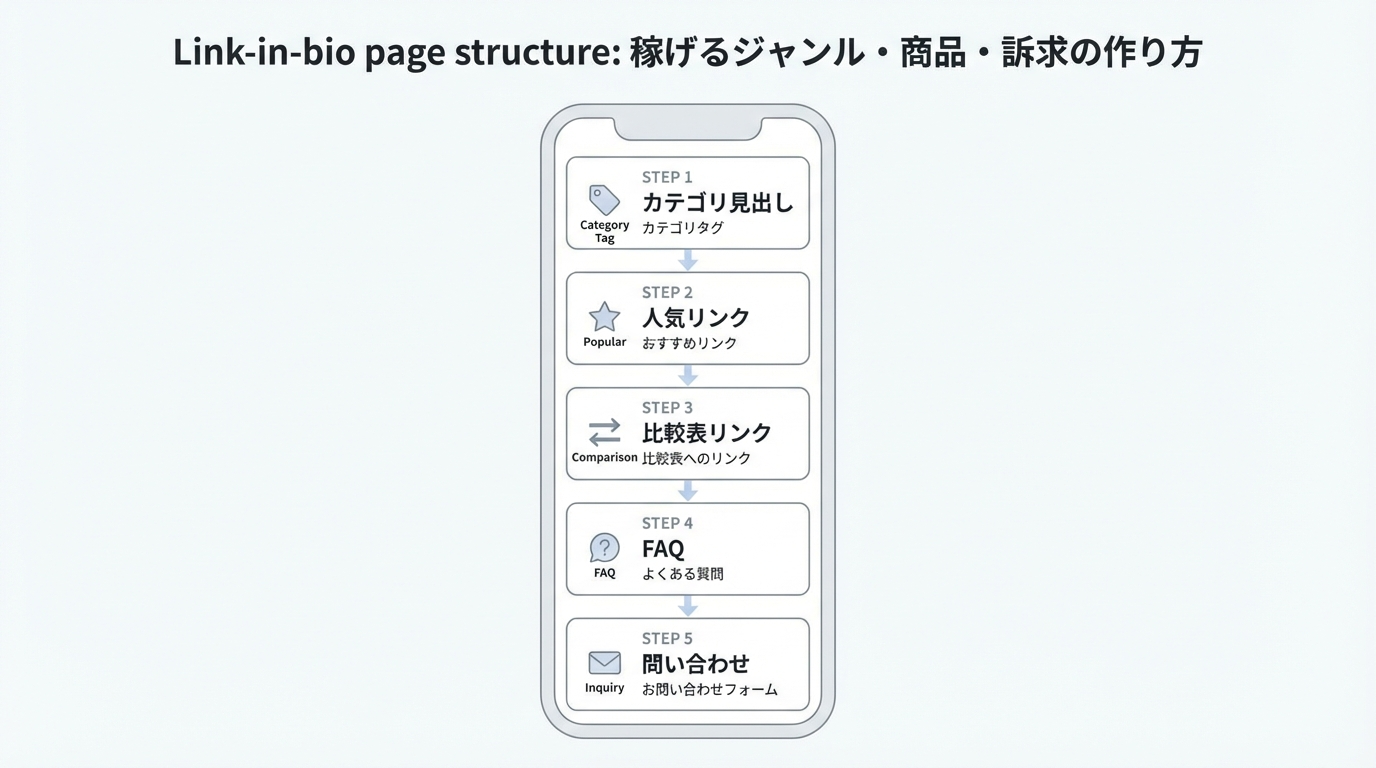 カテゴリ見出し、人気リンク、比較表、FAQ、問い合わせ導線で構成されたリンク集ページのワイヤーフレーム図