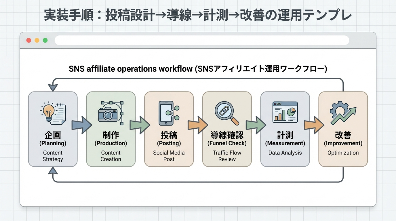 企画、制作、投稿、導線確認、計測、改善の6ステップで構成されたSNSアフィリエイト運用フロー図