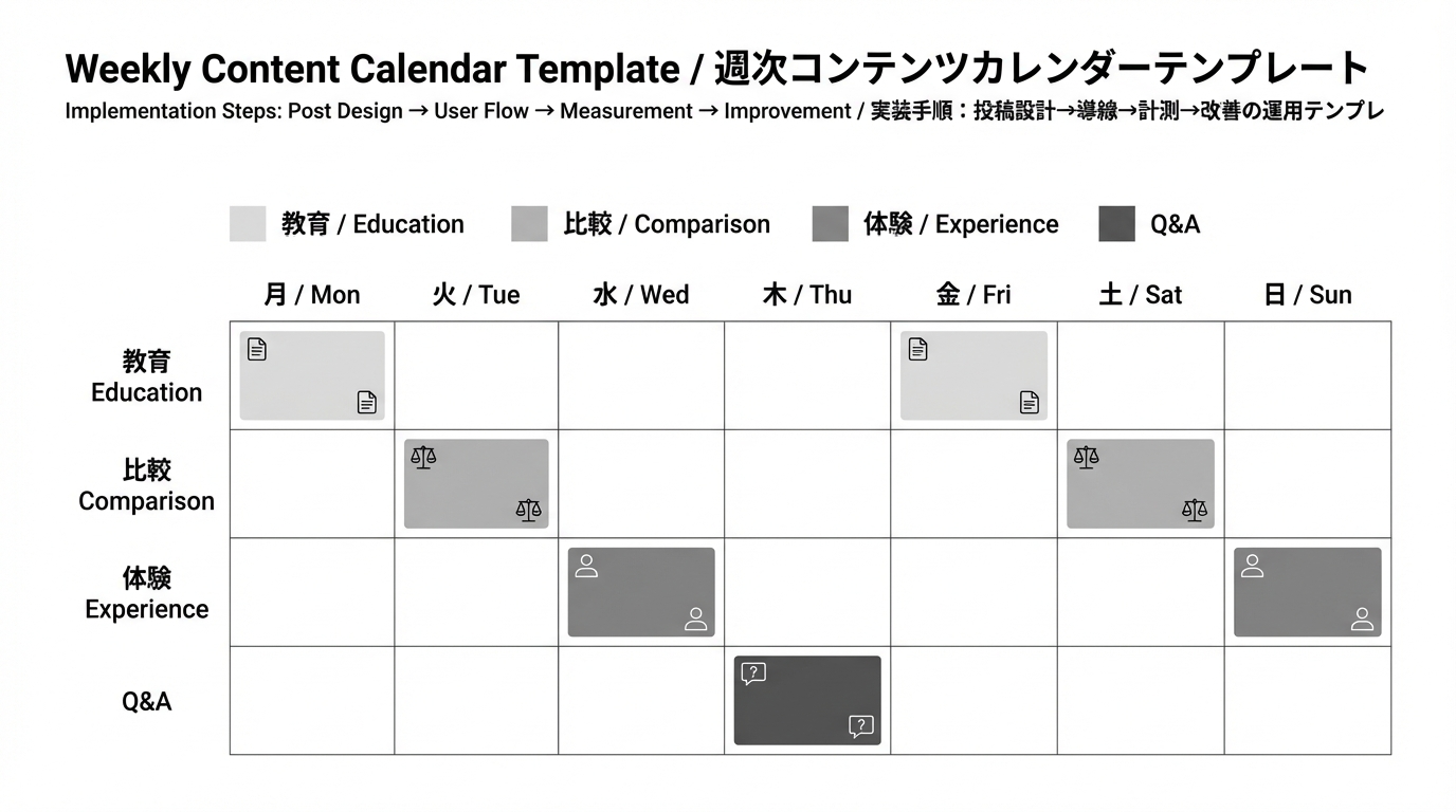 曜日と教育・比較・体験・Q&Aの4種のコンテンツピラーを掛け合わせた週次カレンダー例の表