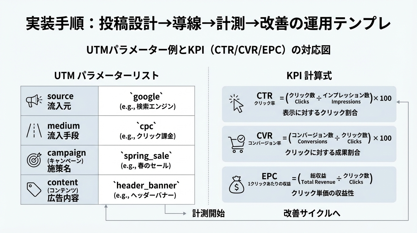 UTMパラメータの例とCTR、CVR、EPCなどKPIの計算式を整理したチートシート図