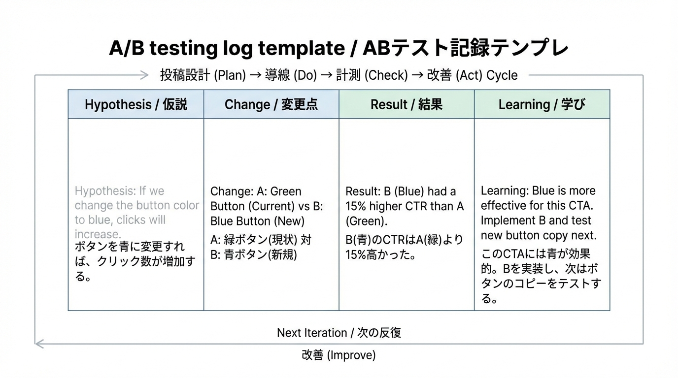 仮説、変更点、結果、学びの4カラムで構成されたABテスト記録テンプレートの図