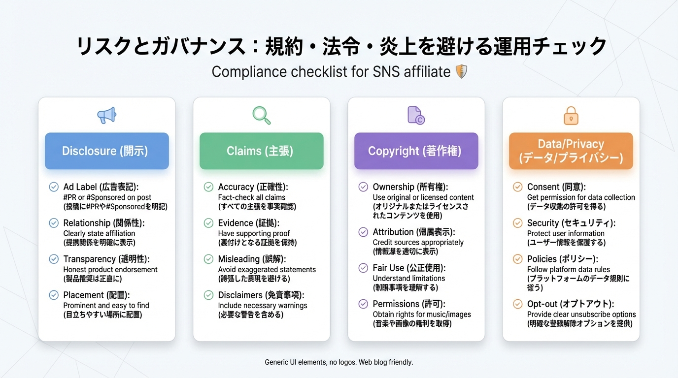 PR表記、表現、著作権、データとプライバシーの4カテゴリで構成されたコンプライアンスチェックリストのカード型インフォグラフィック