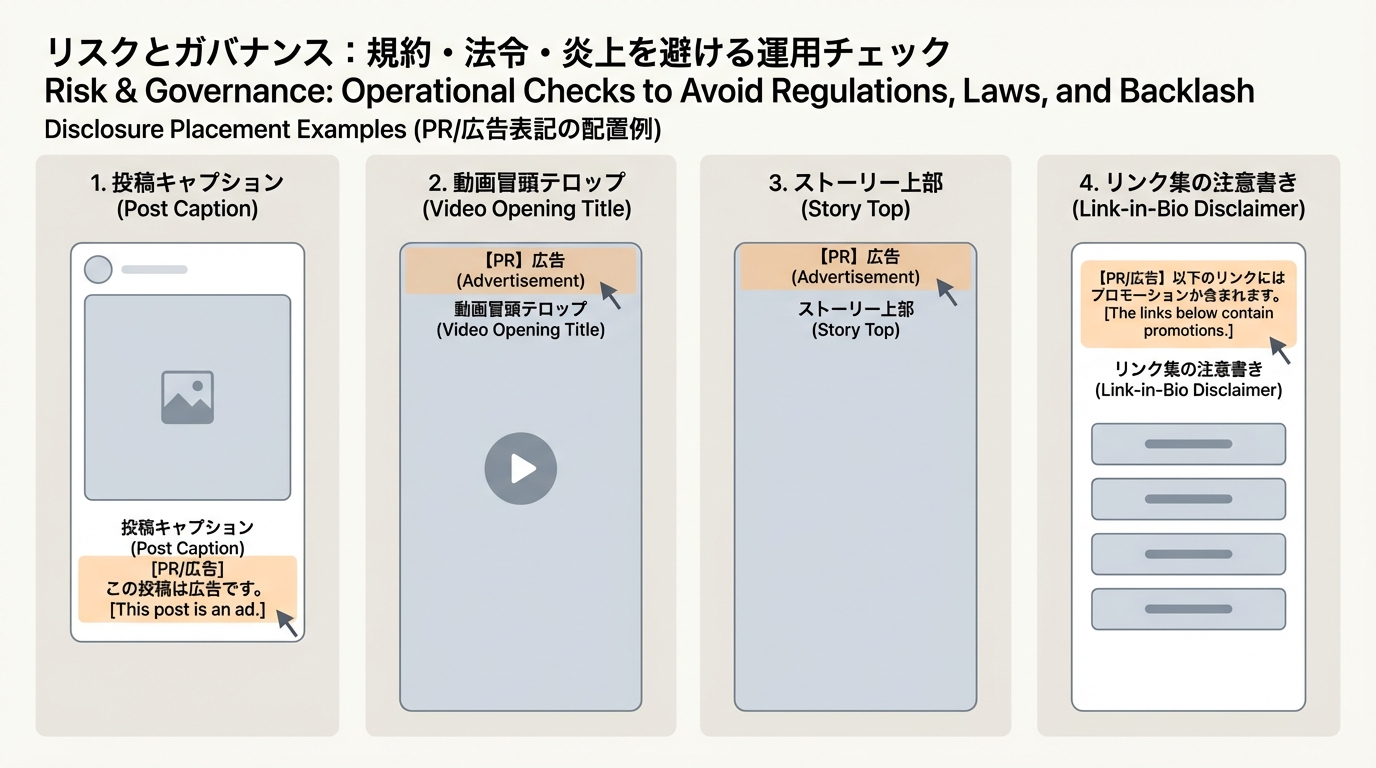 投稿キャプション、短尺動画の冒頭テロップ、ストーリーズ上部、リンク集の注意書きなどPR表記の配置例を示したレイアウト図
