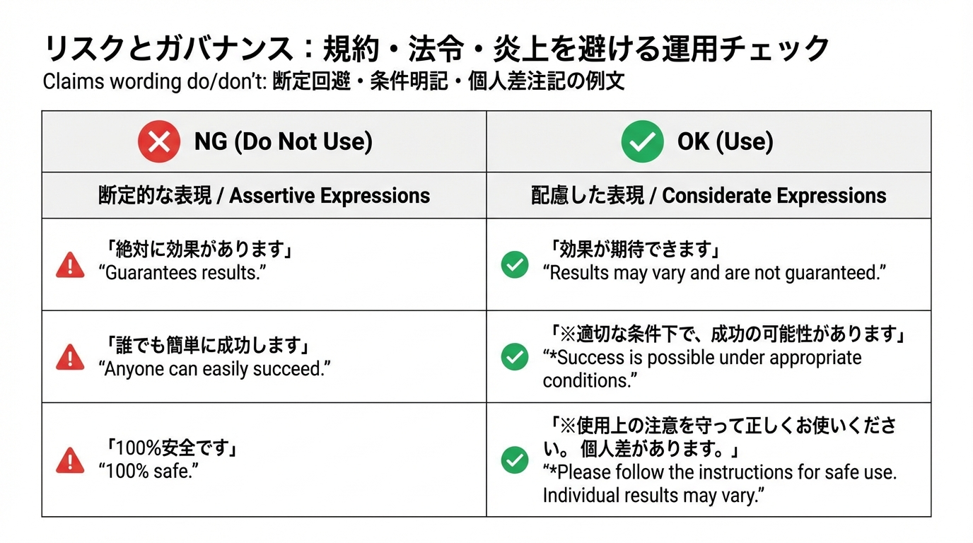 左側にNG表現、右側にOK表現として断定を避け条件や個人差を明記した言い換え例を示す2列の表