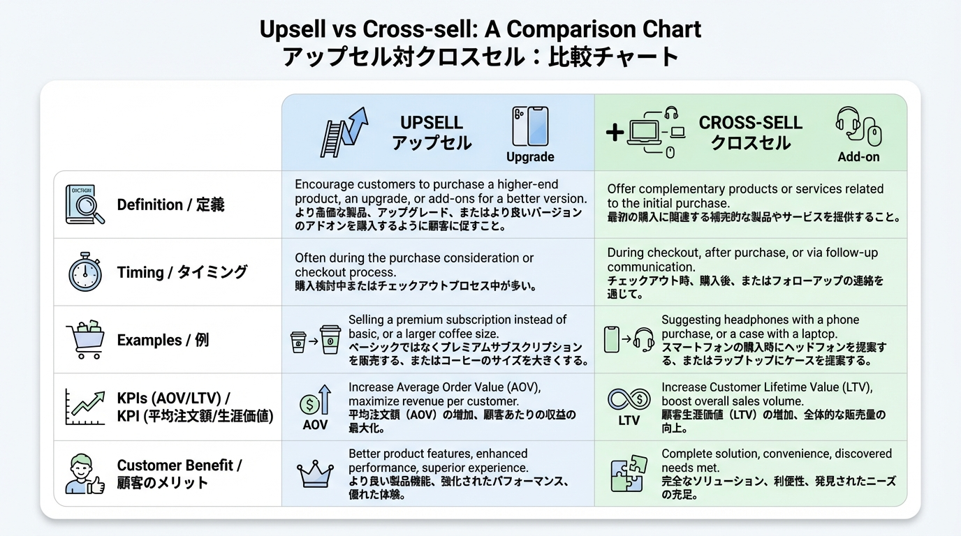 アップセルとクロスセルの定義・タイミング・例・指標（AOV/LTV）を二列で比較した図で、どちらを使うべきかの判断基準が一目でわかる比較チャート