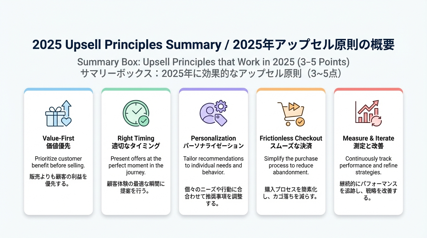価値優先、タイミング設計、パーソナライズ、スムーズなチェックアウト、計測と改善という5つのアップセル原則をカード形式で示したインフォグラフィック