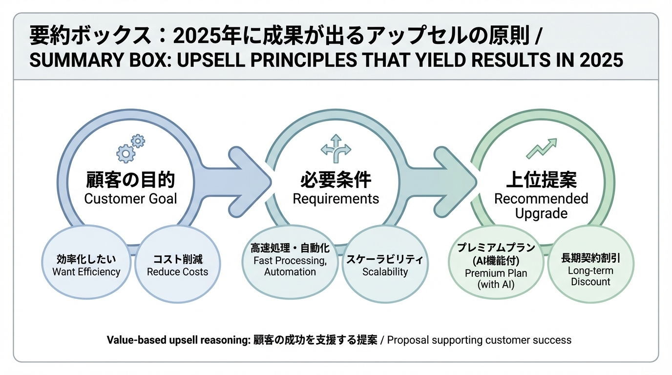 顧客の目的から必要条件を整理し、その条件を満たす上位提案へつなげる三段階のステップ図で、価値の理由付けプロセスを示したイラスト