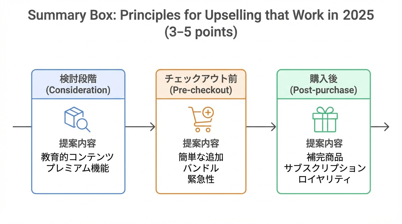 検討段階・決済直前・購入直後という3つのタイミングと、それぞれに適したアップセルメッセージの種類を示したタイムライン図